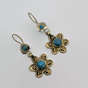 Flower Earrings, Turquoise, Brass, Middle Eastern, Kuchi, Afghan, Vintage